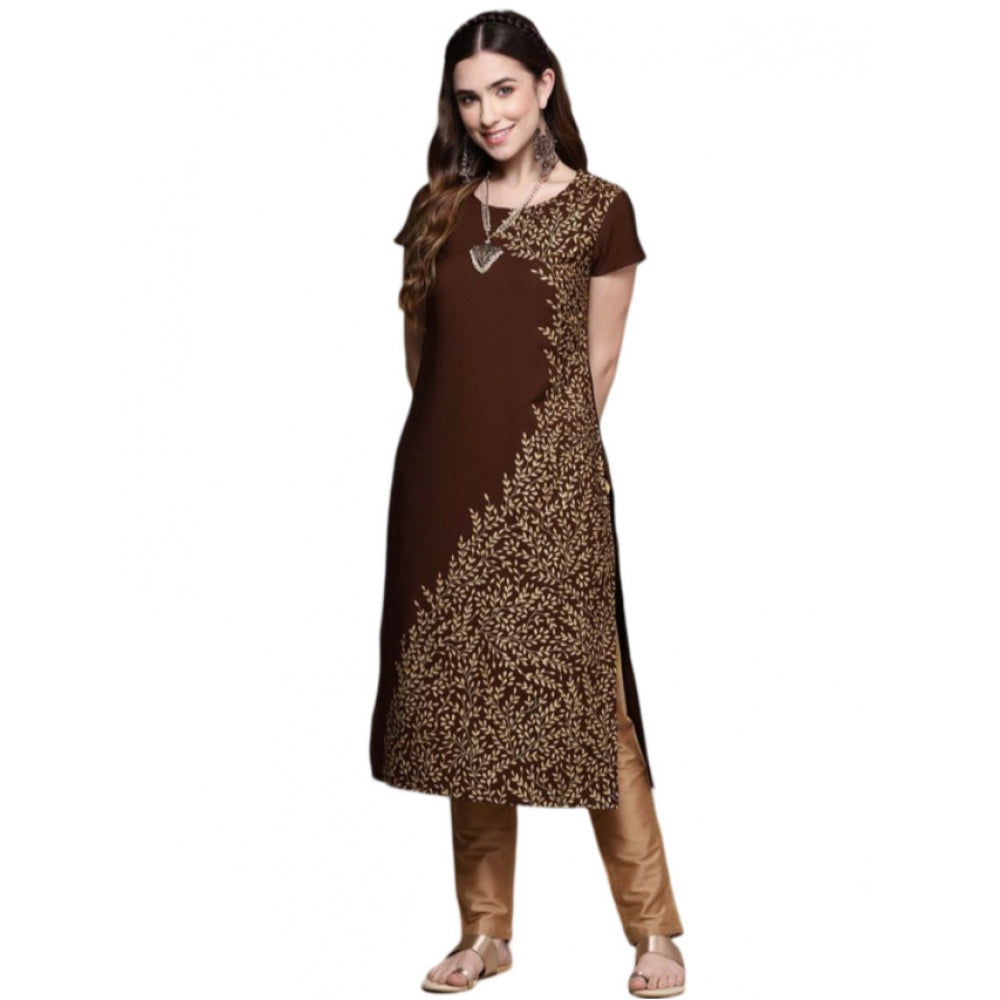 Generic Women's Casual Short Sleeves Floral Printed Crepe Kurti (Brown) - Noble Nook