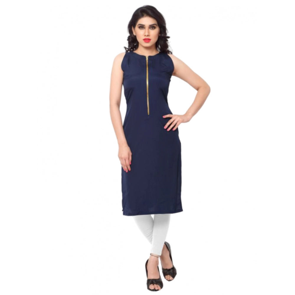 Generic Women's Casual Sleeveless Solid Crepe Kurti (Blue) - Noble Nook