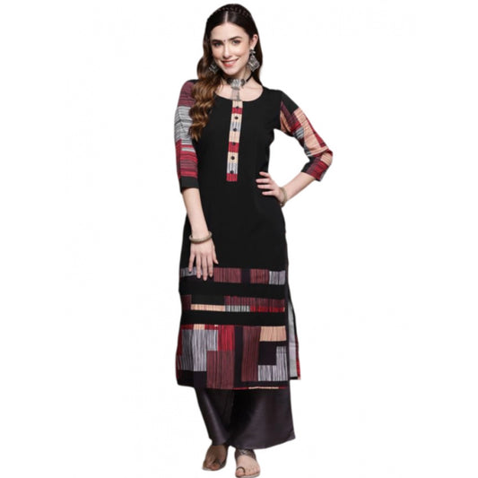 Generic Women's Casual 3-4Th Sleeve Ethnic Motifs Crepe Kurti (Black) - Noble Nook