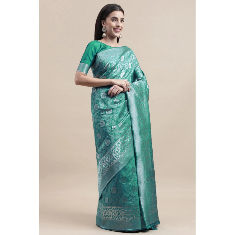 Generic Women's Kanjivaram Silk Designer Silver Weaving Saree With Unstitched Blouse (Green, 5.50 Mtrs) - Noble Nook