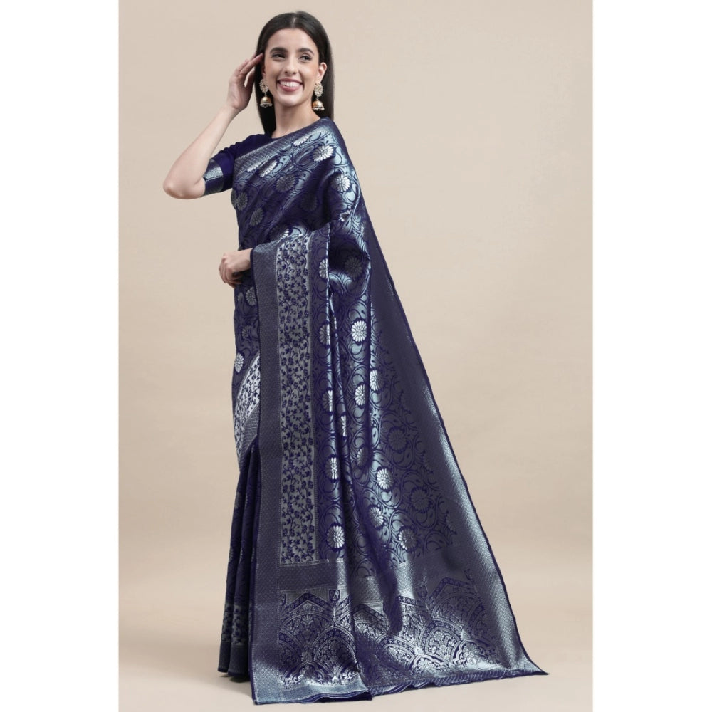 Generic Women's Kanjivaram Silk Designer Silver Weaving Saree With Unstitched Blouse (Blue, 5.50 Mtrs) - Noble Nook