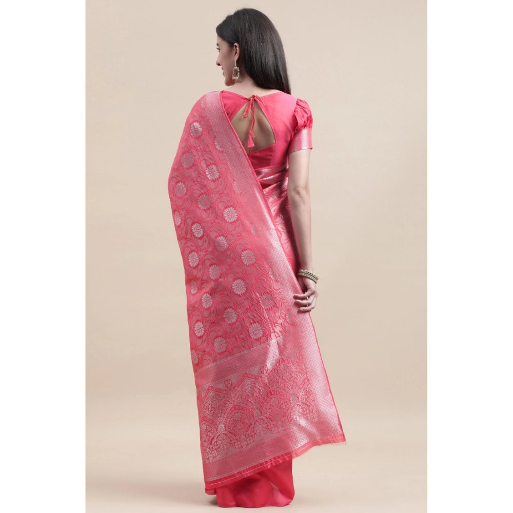 Generic Women's Kanjivaram Silk Designer Silver Weaving Saree With Unstitched Blouse (Pink, 5.50 Mtrs) - Noble Nook