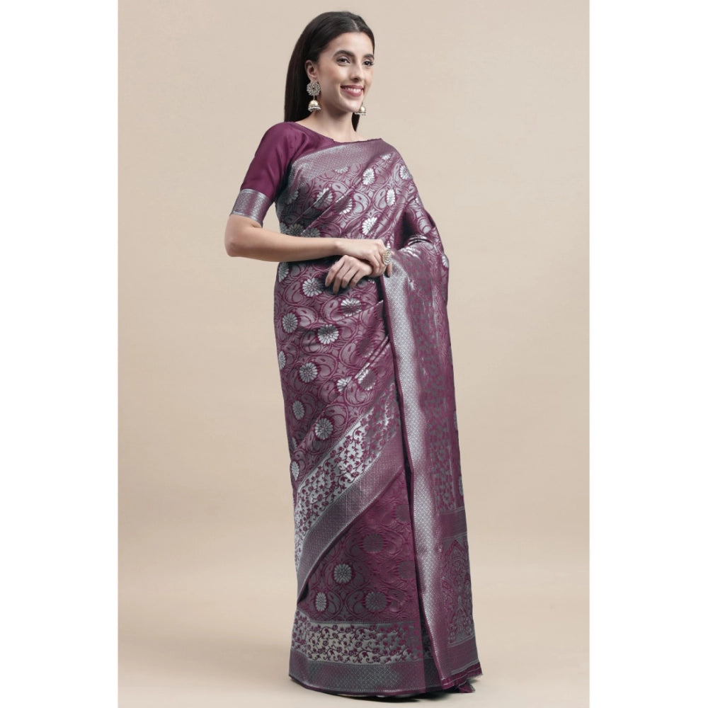 Generic Women's Kanjivaram Silk Designer Silver Weaving Saree With Unstitched Blouse (Purple, 5.50 Mtrs) - Noble Nook