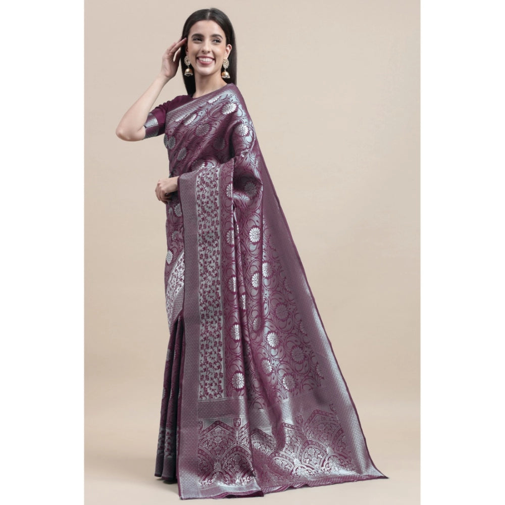 Generic Women's Kanjivaram Silk Designer Silver Weaving Saree With Unstitched Blouse (Purple, 5.50 Mtrs) - Noble Nook