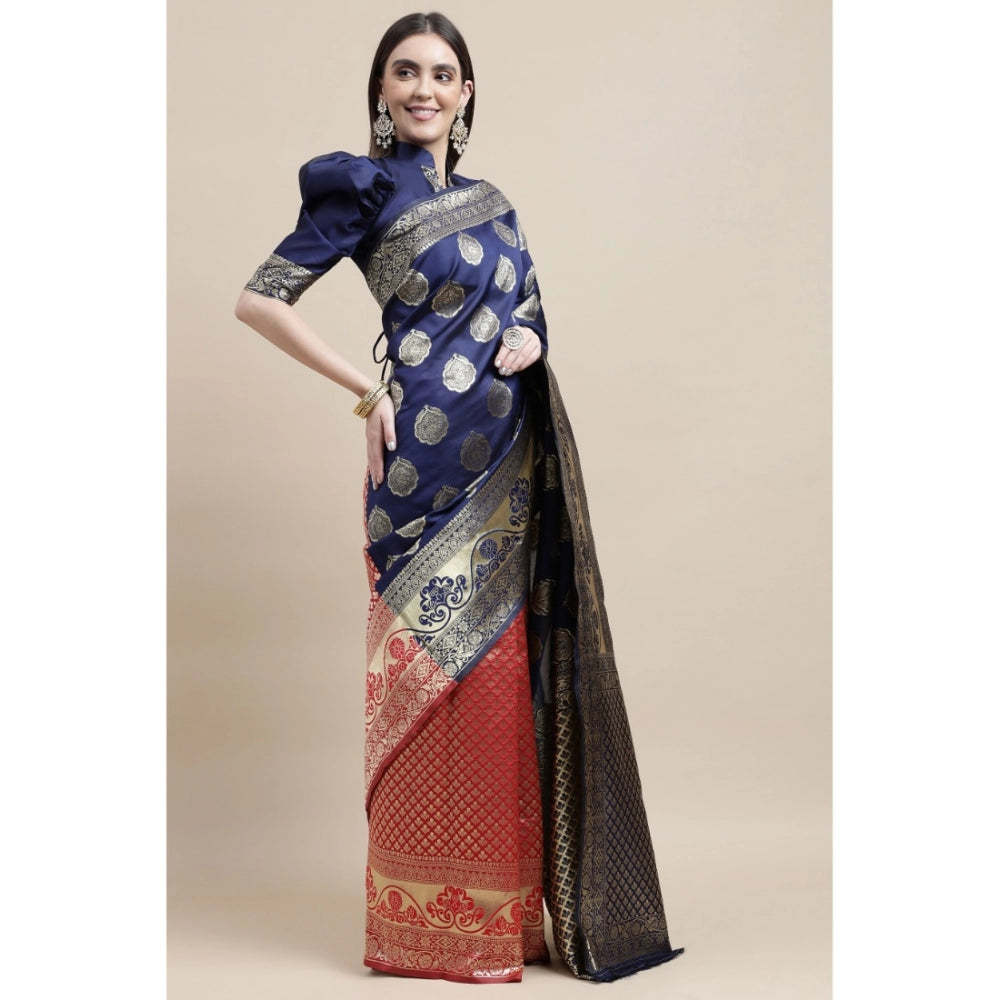 Generic Women's Kanjivaram Silk Designer Weaving Saree With Unstitched Blouse (Blue &amp; Red, 5.50 Mtrs) - Noble Nook