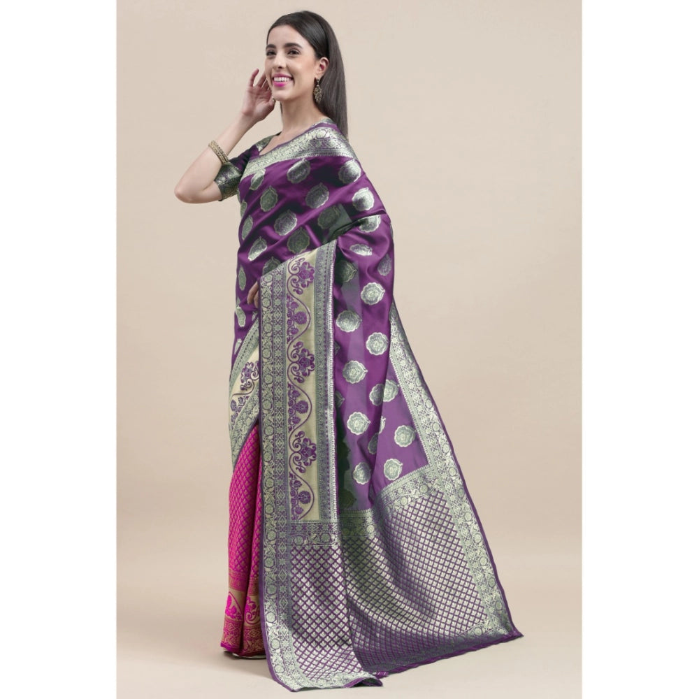 Generic Women's Kanjivaram Silk Designer Weaving Saree With Unstitched Blouse (Voilet &amp; Purple, 5.50 Mtrs) - Noble Nook