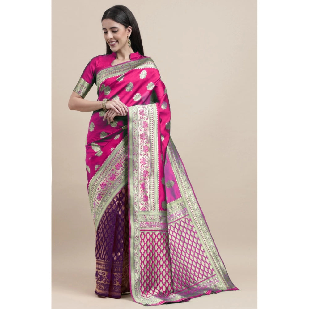 Generic Women's Kanjivaram Silk Designer Weaving Saree With Unstitched Blouse (Purple &amp; Voilet, 5.50 Mtrs) - Noble Nook