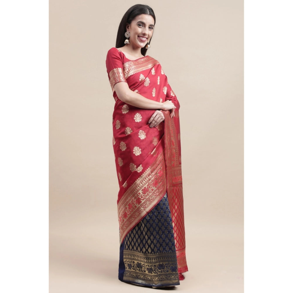 Generic Women's Kanjivaram Silk Designer Weaving Saree With Unstitched Blouse (Red,Blue, 5.50 Mtrs) - Noble Nook