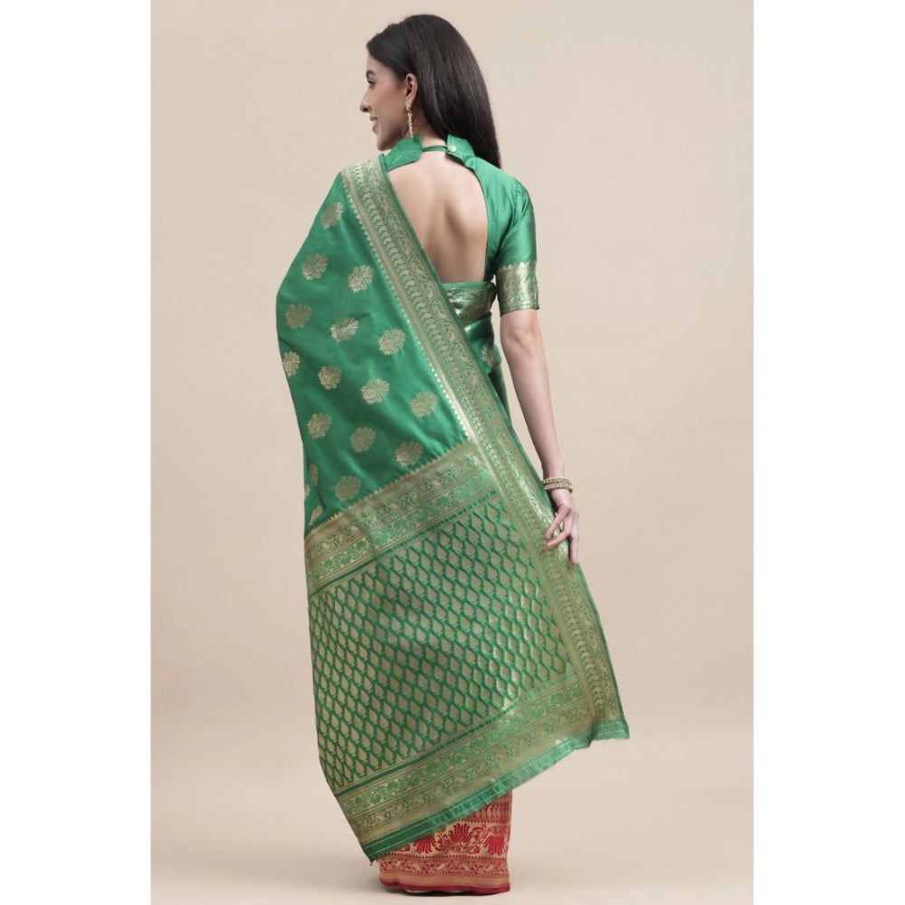 Generic Women's Kanjivaram Silk Designer Weaving Saree With Unstitched Blouse (Green &amp; Red, 5.50 Mtrs) - Noble Nook