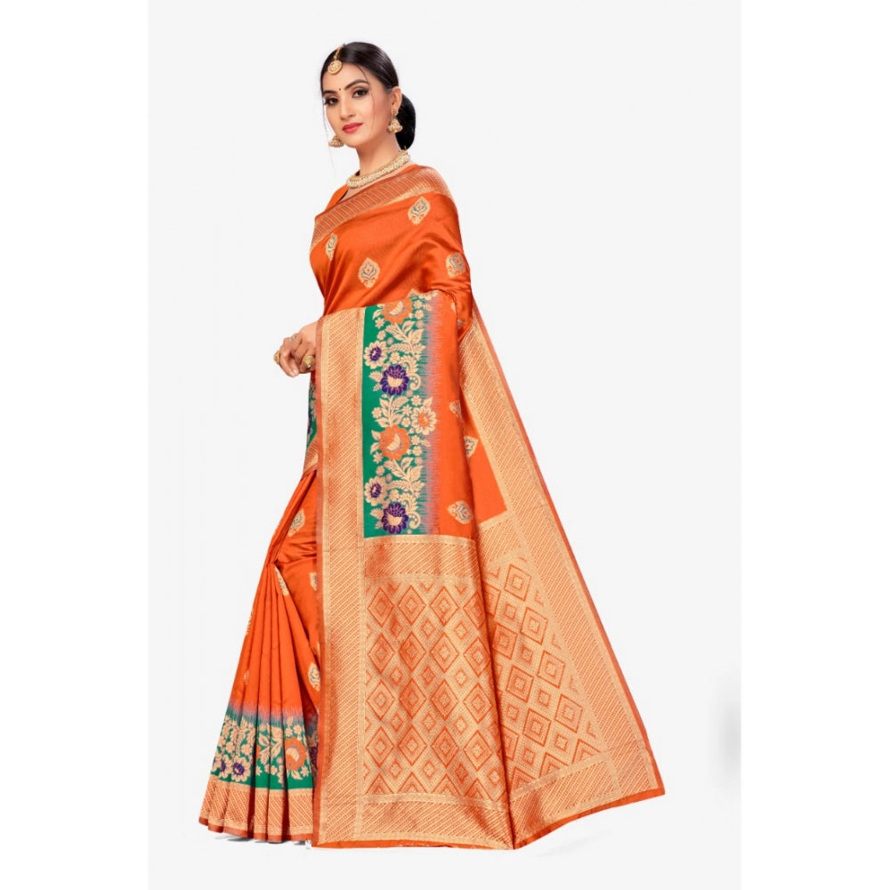 Generic Women's Banarasi Silk Designer Weaving Saree With Unstitched Blouse (Orange, 5.50 Mtrs) - Noble Nook