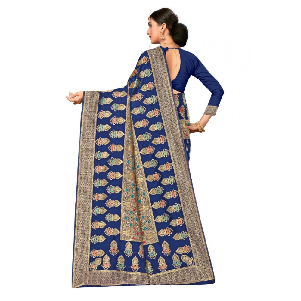 Generic Women's Banarasi Silk Designer Weaving Saree With Unstitched Blouse (Blue, 5.50 Mtrs) - Noble Nook