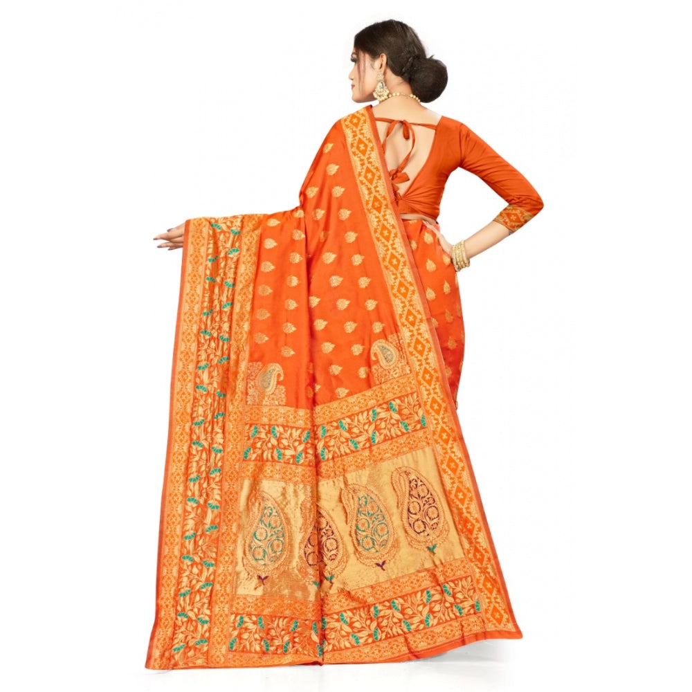 Generic Women's Banarasi Silk Designer Weaving Saree With Unstitched Blouse (Orange, 5.50 Mtrs) - Noble Nook