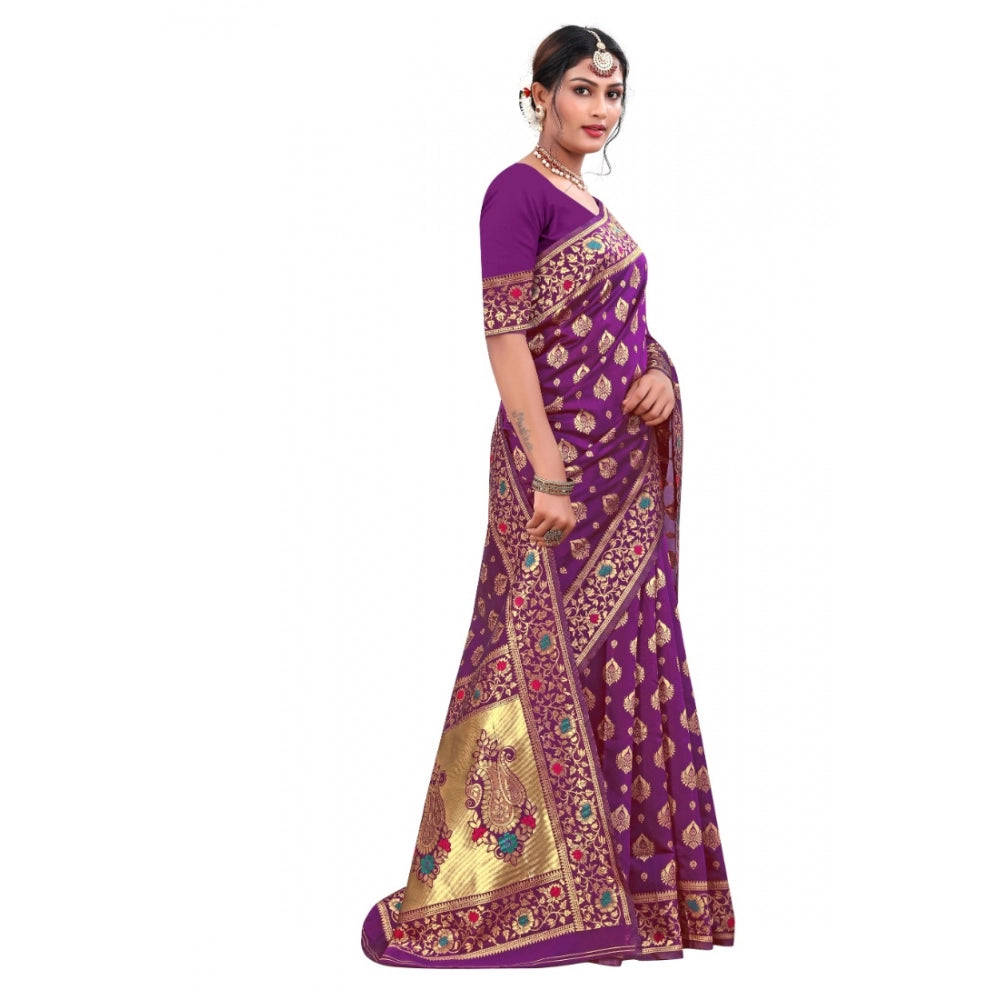 Generic Women's Banarasi Silk Designer Weaving Saree With Unstitched Blouse (Purple, 5.50 Mtrs) - Noble Nook