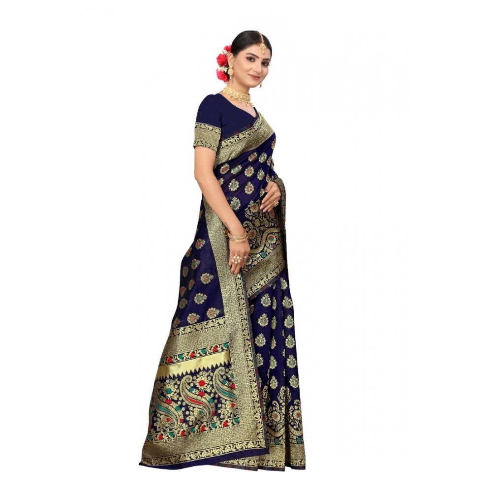 Generic Women's Banarasi Silk Designer Weaving Saree With Unstitched Blouse (Blue, 5.50 Mtrs) - Noble Nook