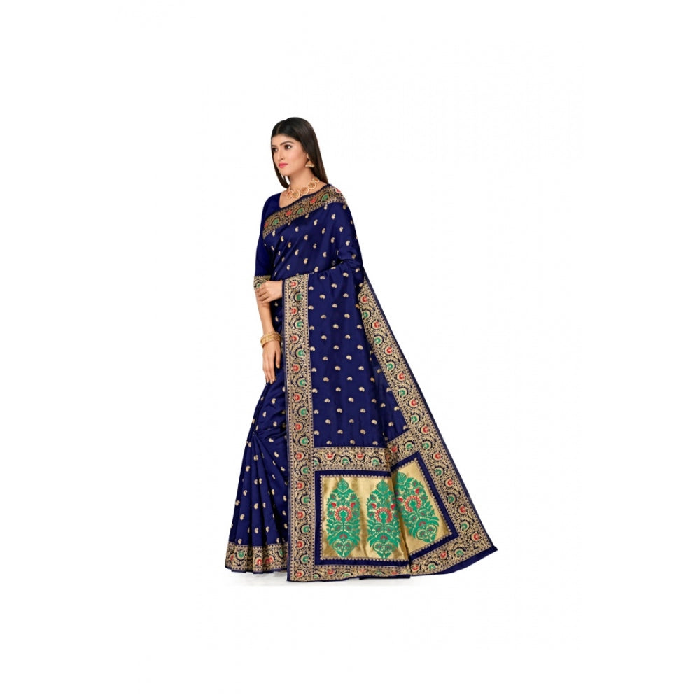 Generic Women's Banarasi Silk Designer Weaving Saree With Unstitched Blouse (Blue, 5.50 Mtrs) - Noble Nook