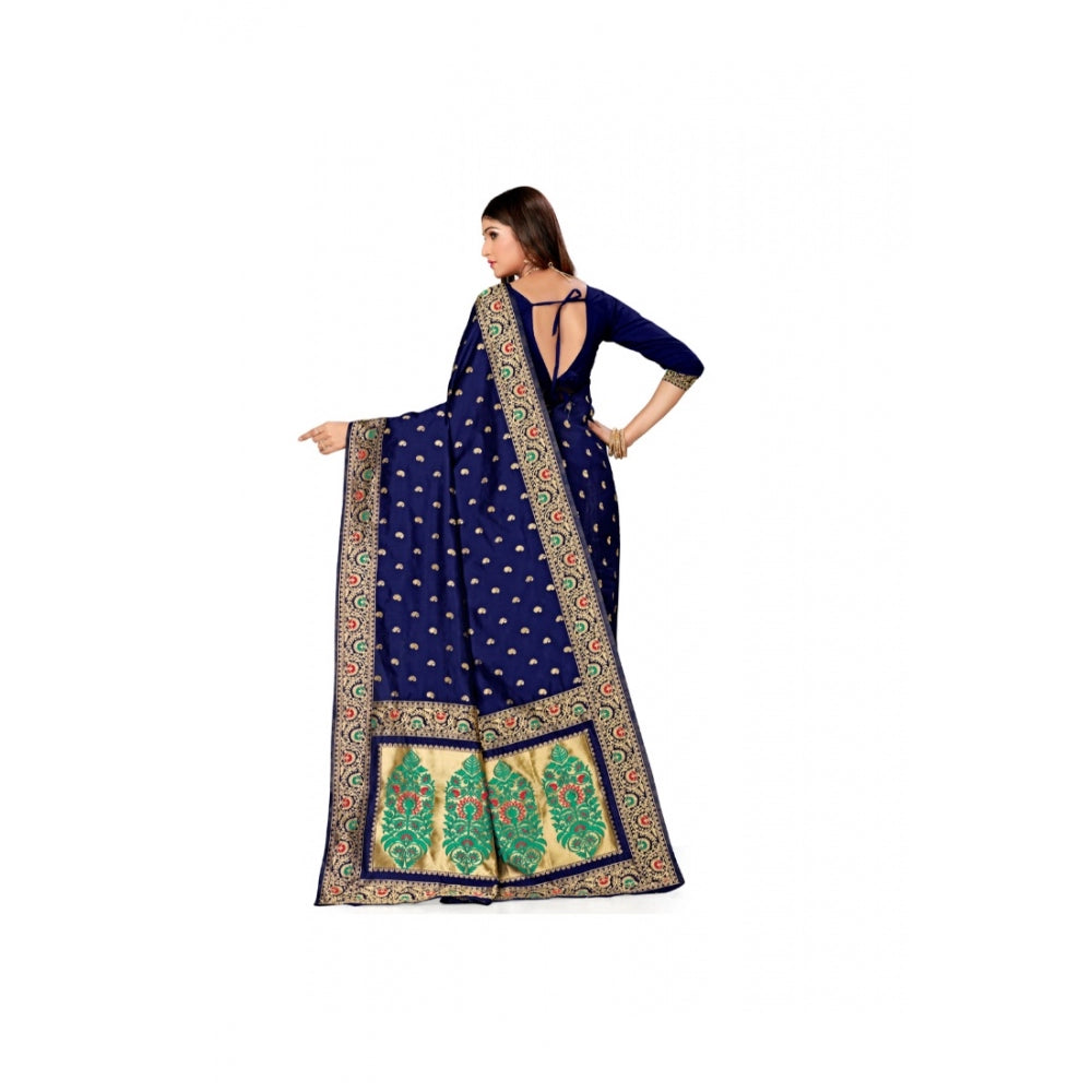 Generic Women's Banarasi Silk Designer Weaving Saree With Unstitched Blouse (Blue, 5.50 Mtrs) - Noble Nook