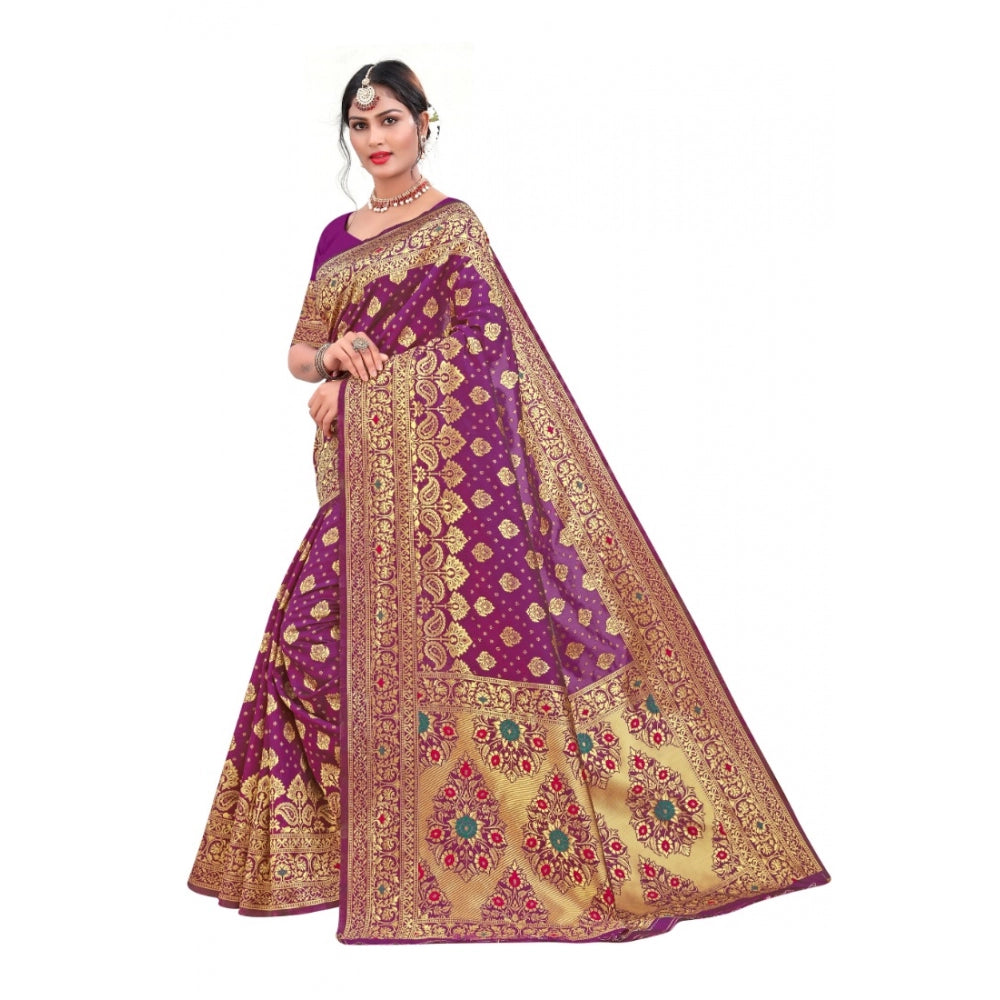 Generic Women's Banarasi Silk Designer Weaving Saree With Unstitched Blouse (Purple, 5.50 Mtrs) - Noble Nook