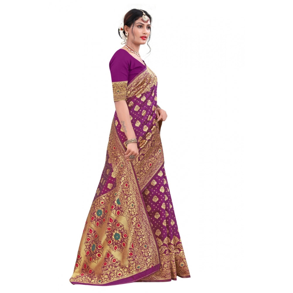 Generic Women's Banarasi Silk Designer Weaving Saree With Unstitched Blouse (Purple, 5.50 Mtrs) - Noble Nook