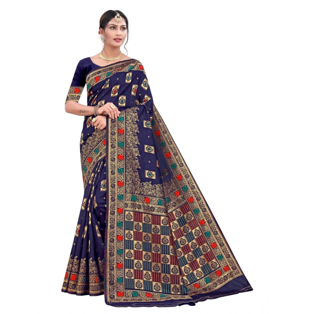 Generic Women's Banarasi Silk Designer Weaving Saree With Unstitched Blouse (Blue, 5.50 Mtrs) - Noble Nook