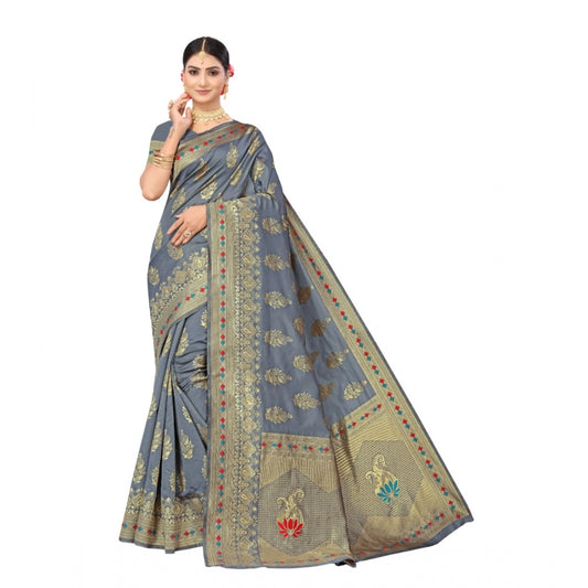 Generic Women's Banarasi Silk Designer Weaving Saree With Unstitched Blouse (Grey, 5.50 Mtrs) - Noble Nook