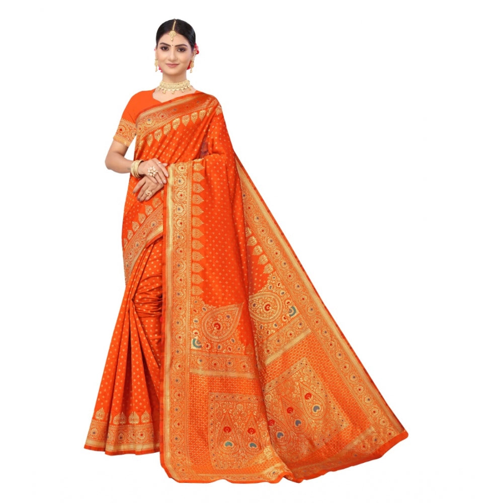 Generic Women's Banarasi Silk Designer Weaving Saree With Unstitched Blouse (Orange, 5.50 Mtrs) - Noble Nook