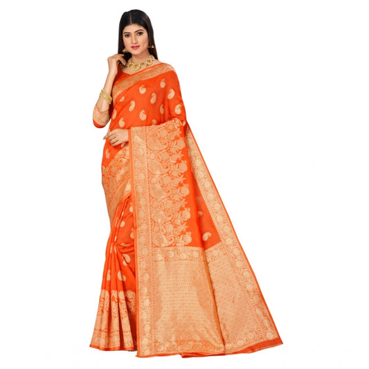 Generic Women's Banarasi Silk Designer Weaving Saree With Unstitched Blouse (Orange, 5.50 Mtrs) - Noble Nook