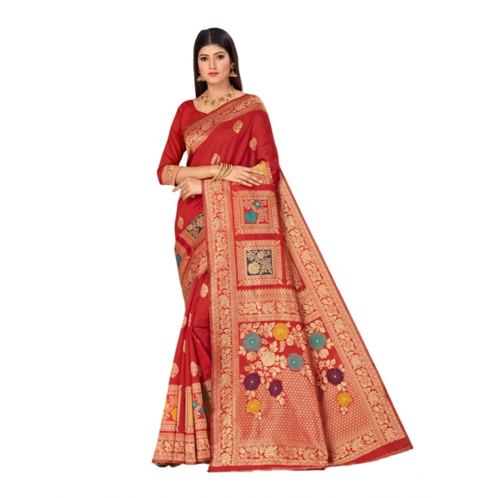 Generic Women's Banarasi Silk Designer Weaving Saree With Unstitched Blouse (Red, 5.50 Mtrs) - Noble Nook