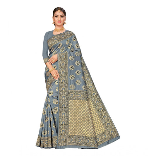 Generic Women's Banarasi Silk Designer Weaving Saree With Unstitched Blouse (Grey, 5.50 Mtrs) - Noble Nook