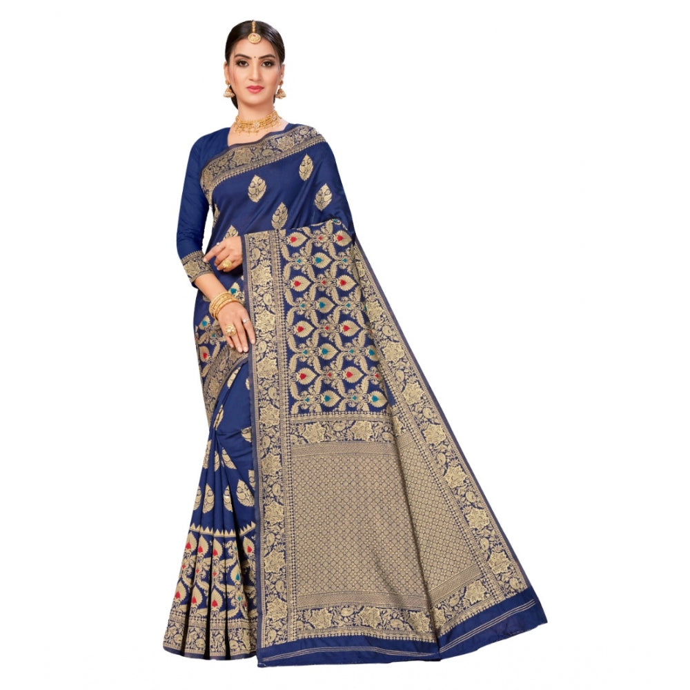 Generic Women's Banarasi Silk Designer Weaving Saree With Unstitched Blouse (Blue, 5.50 Mtrs) - Noble Nook