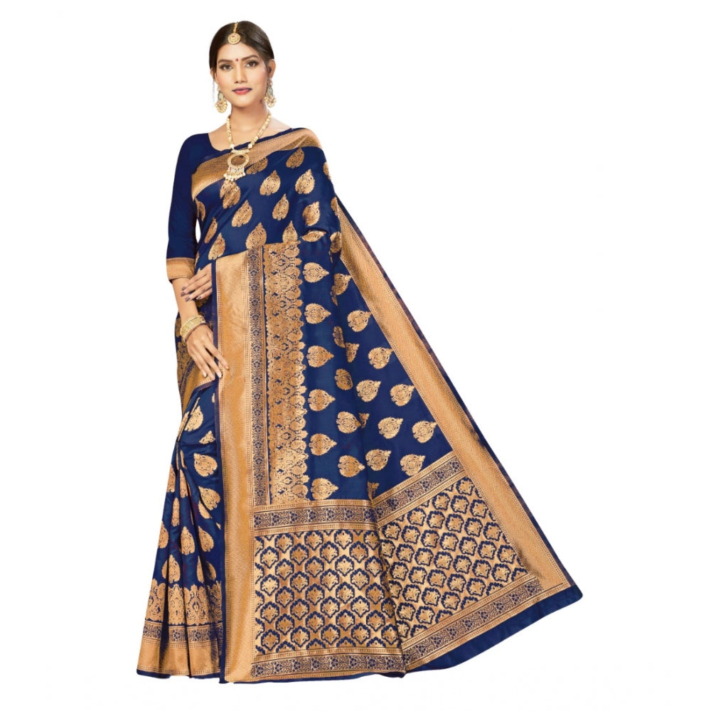 Generic Women's Banarasi Silk Designer Weaving Saree With Unstitched Blouse (Blue, 5.50 Mtrs) - Noble Nook