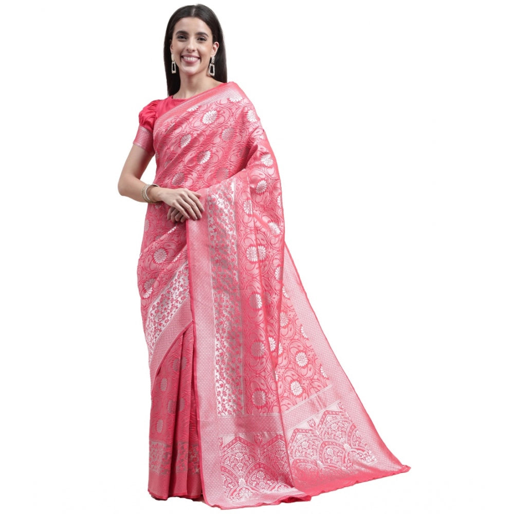 Generic Women's Kanjivaram Silk Designer Silver Weaving Saree With Unstitched Blouse (Pink, 5.50 Mtrs) - Noble Nook