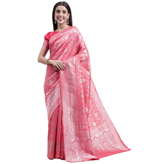 Generic Women's Kanjivaram Silk Designer Silver Weaving Saree With Unstitched Blouse (Pink, 5.50 Mtrs) - Noble Nook