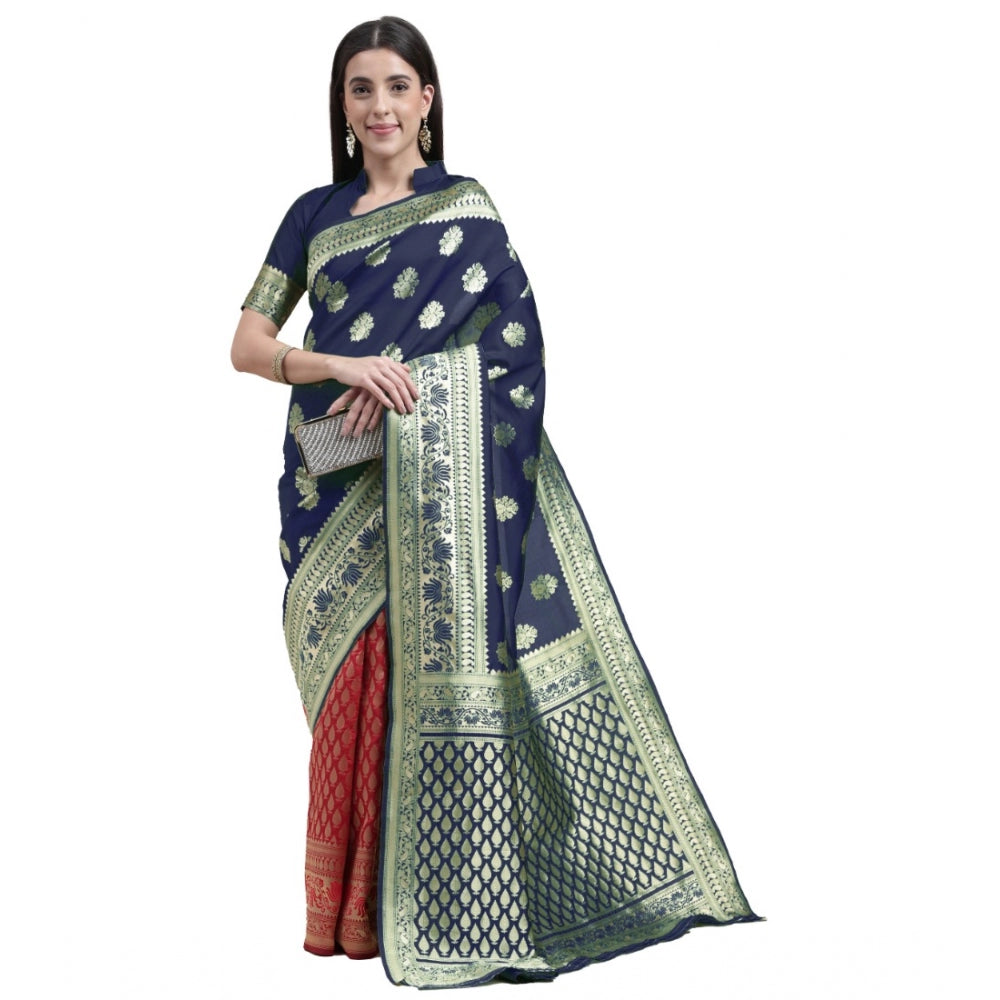 Generic Women's Kanjivaram Silk Designer Weaving Saree With Unstitched Blouse (Blue,Red, 5.50 Mtrs) - Noble Nook