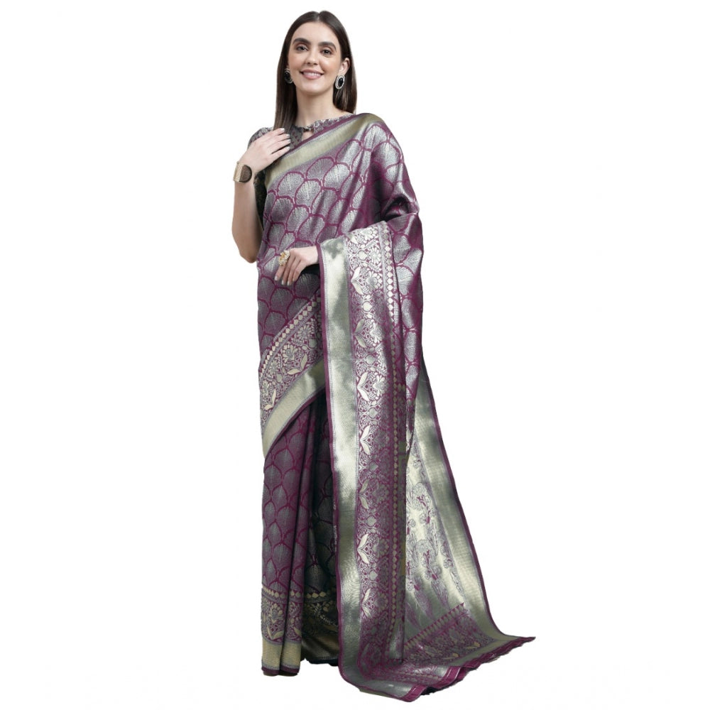 Generic Women's Banarasi Silk Designer Weaving Saree With Unstitched Blouse (Purple, 5.50 Mtrs) - Noble Nook