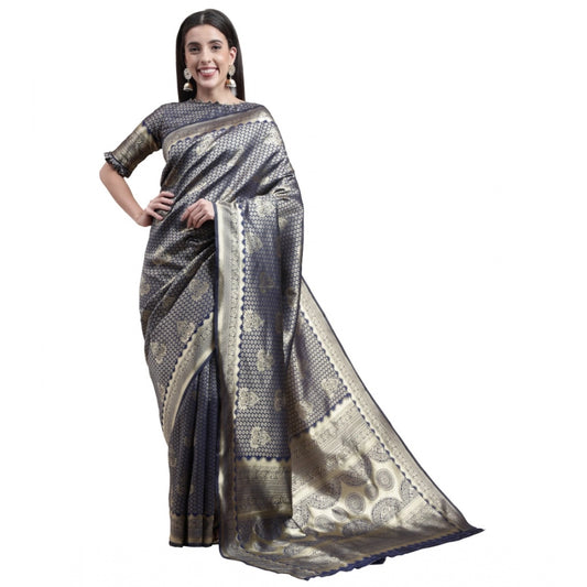 Generic Women's Banarasi Silk Designer Weaving Saree With Unstitched Blouse (Blue, 5.50 Mtrs) - Noble Nook