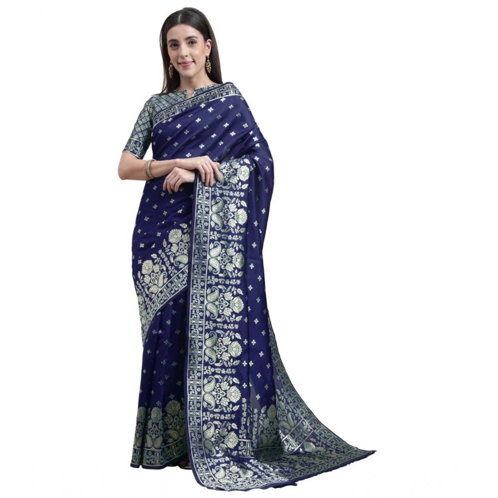 Generic Women's Banarasi Silk Designer Weaving Saree With Unstitched Blouse (Blue, 5.50 Mtrs) - Noble Nook