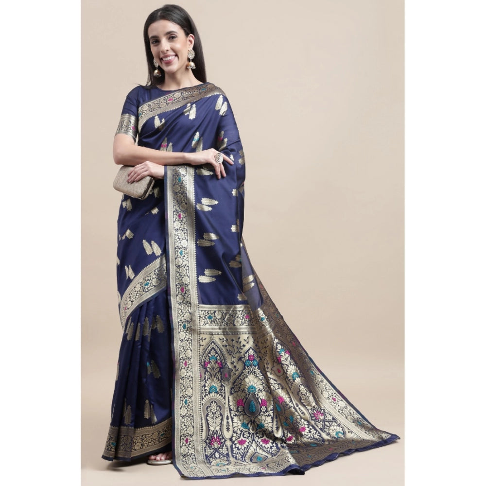 Generic Women's Kanjivaram Silk Designer Weaving Saree With Unstitched Blouse (Blue, 5.50 Mtrs) - Noble Nook