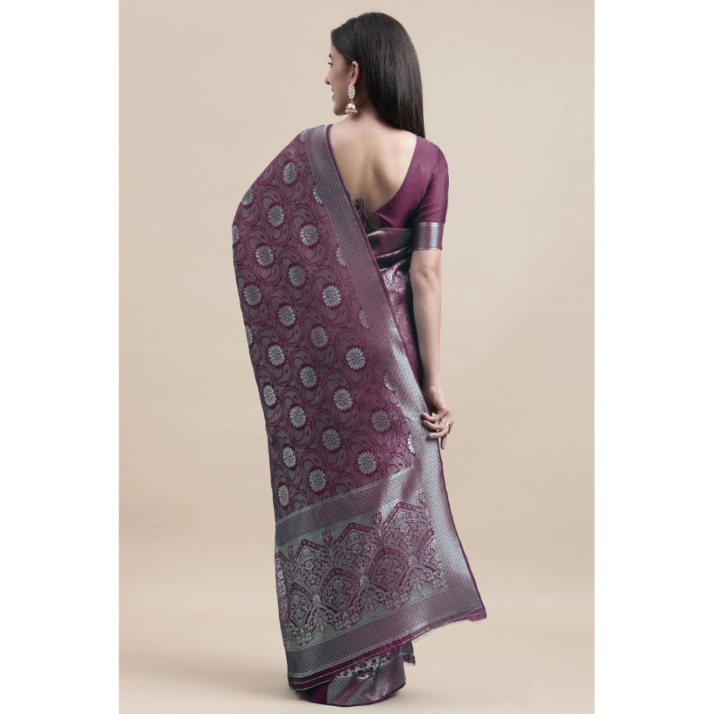 Generic Women's Kanjivaram Silk Designer Silver Weaving Saree With Unstitched Blouse (Purple, 5.50 Mtrs) - Noble Nook