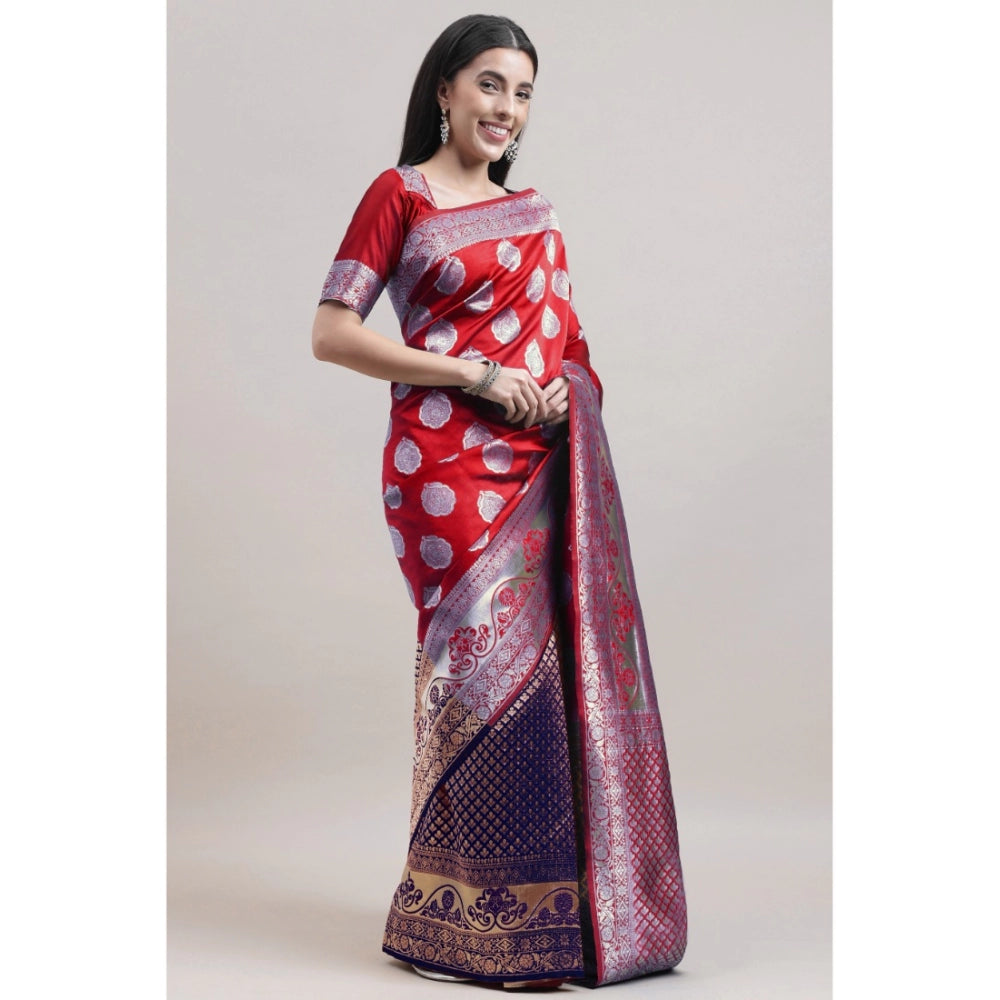 Generic Women's Kanjivaram Silk Designer Weaving Saree With Unstitched Blouse (Red &amp; Blue, 5.50 Mtrs) - Noble Nook