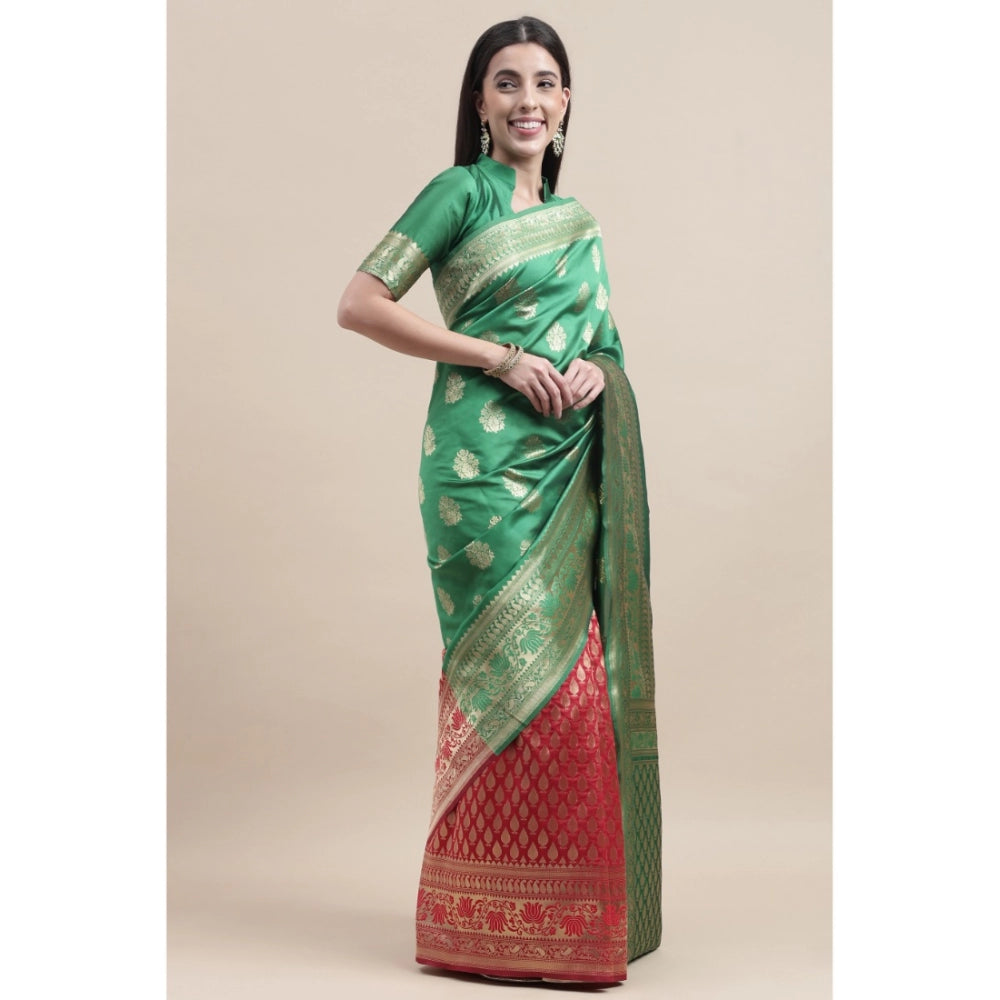 Generic Women's Kanjivaram Silk Designer Weaving Saree With Unstitched Blouse (Green &amp; Red, 5.50 Mtrs) - Noble Nook