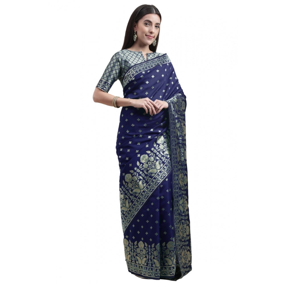 Generic Women's Banarasi Silk Designer Weaving Saree With Unstitched Blouse (Blue, 5.50 Mtrs) - Noble Nook