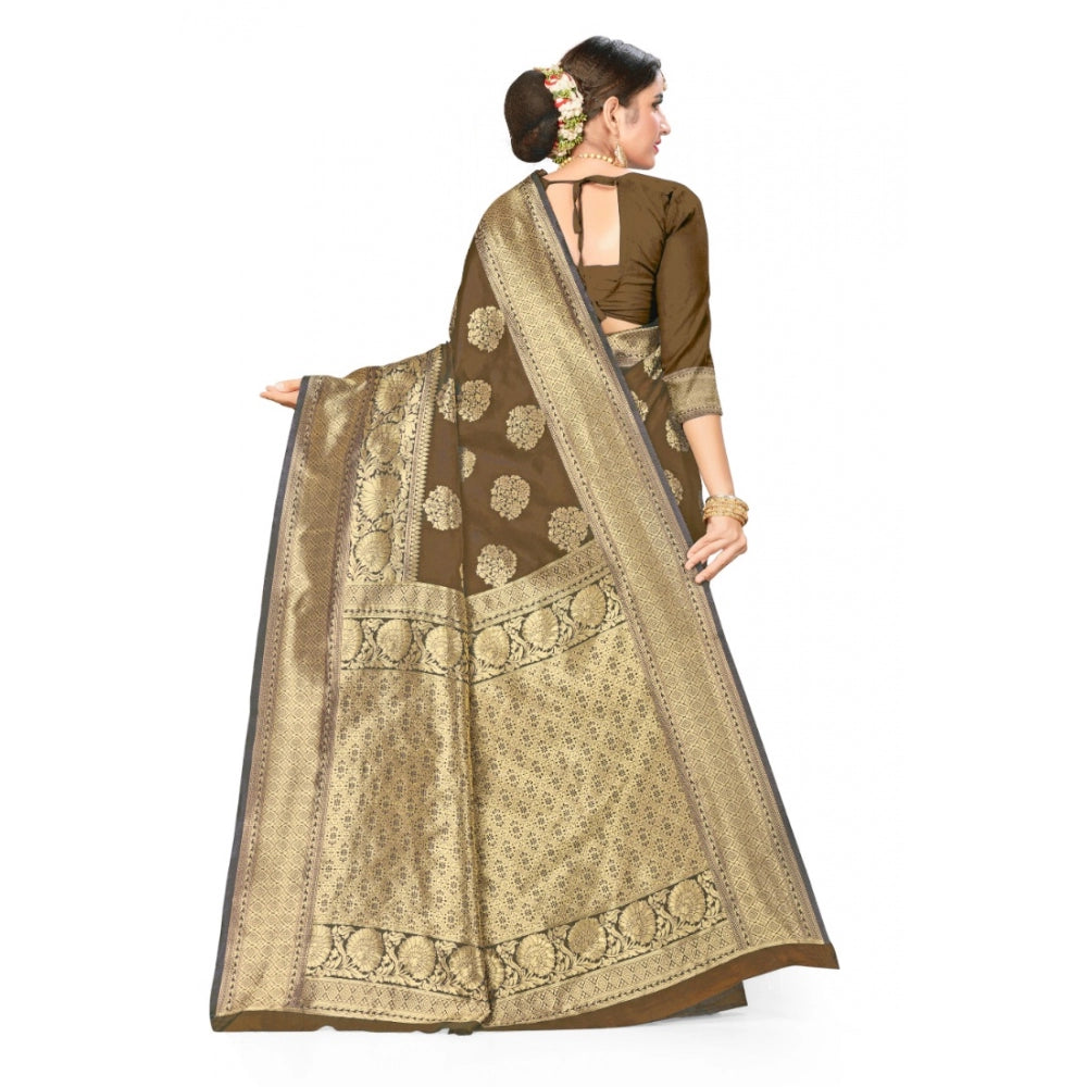 Generic Women's Banarasi Silk Designer Weaving Saree With Unstitched Blouse (Brown, 5.50 Mtrs) - Noble Nook