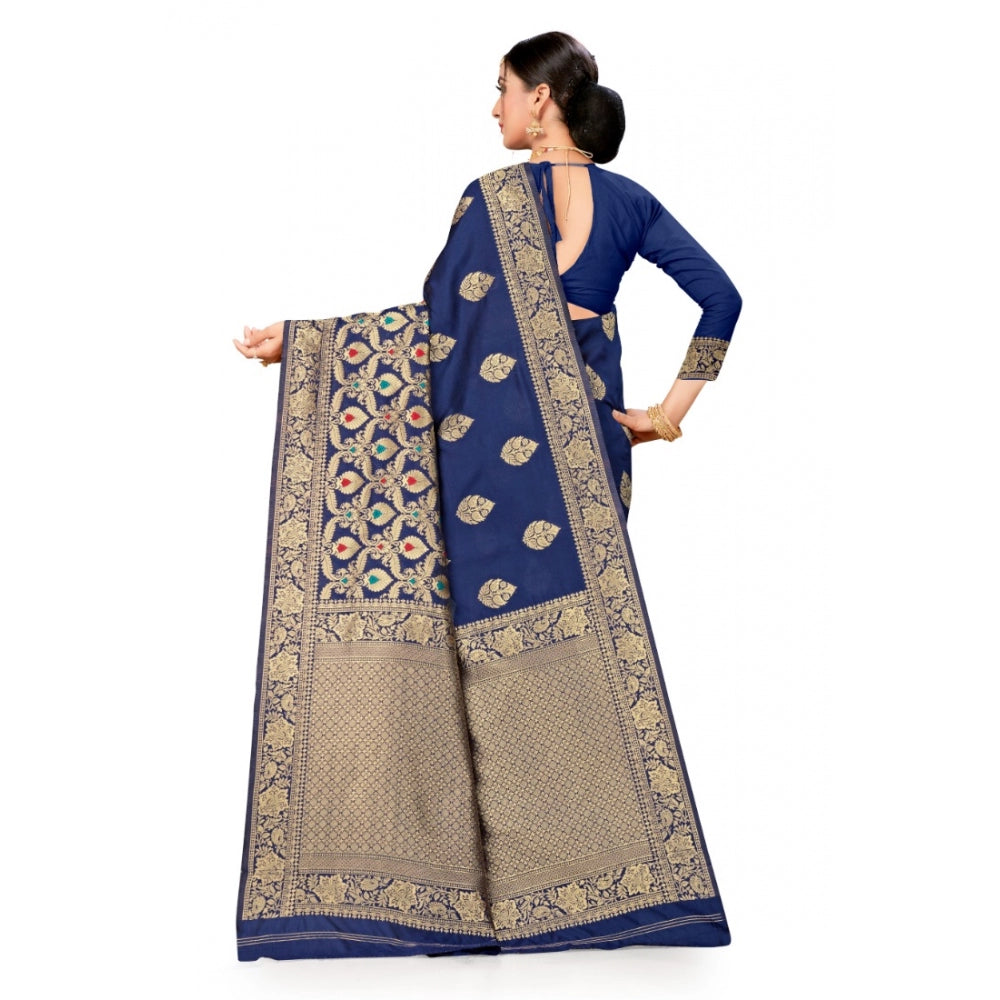 Generic Women's Banarasi Silk Designer Weaving Saree With Unstitched Blouse (Blue, 5.50 Mtrs) - Noble Nook