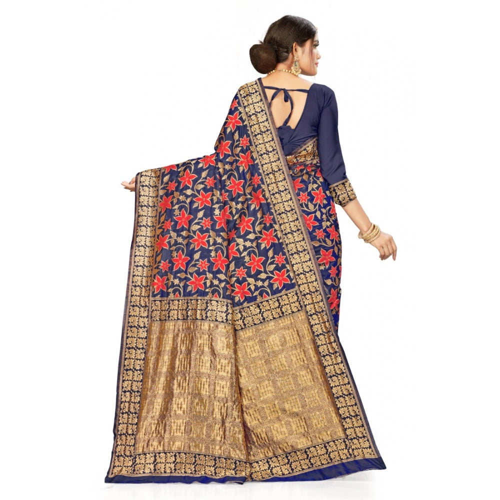 Generic Women's Banarasi Silk Designer Weaving Saree With Unstitched Blouse (Blue, 5.50 Mtrs) - Noble Nook