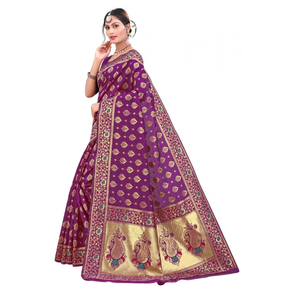 Generic Women's Banarasi Silk Designer Weaving Saree With Unstitched Blouse (Purple, 5.50 Mtrs) - Noble Nook