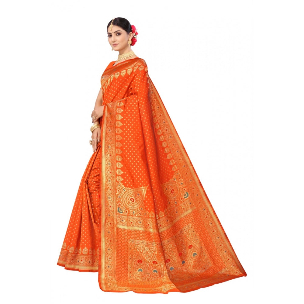 Generic Women's Banarasi Silk Designer Weaving Saree With Unstitched Blouse (Orange, 5.50 Mtrs) - Noble Nook