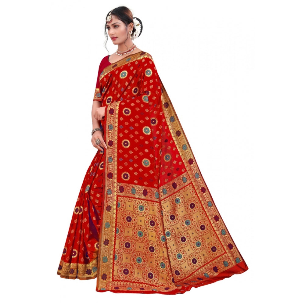 Generic Women's Banarasi Silk Designer Weaving Saree With Unstitched Blouse (Red, 5.50 Mtrs) - Noble Nook