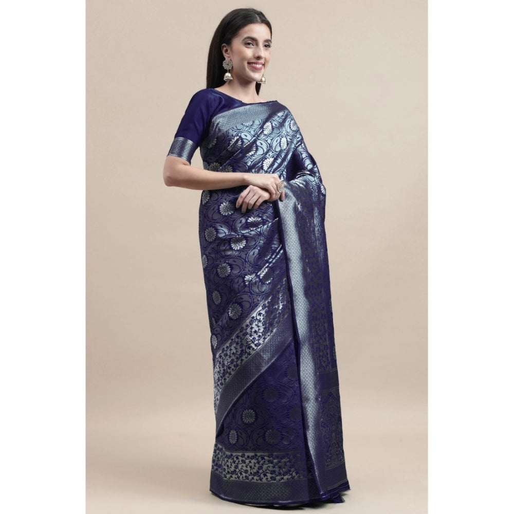 Generic Women's Kanjivaram Silk Designer Silver Weaving Saree With Unstitched Blouse (Blue, 5.50 Mtrs) - Noble Nook