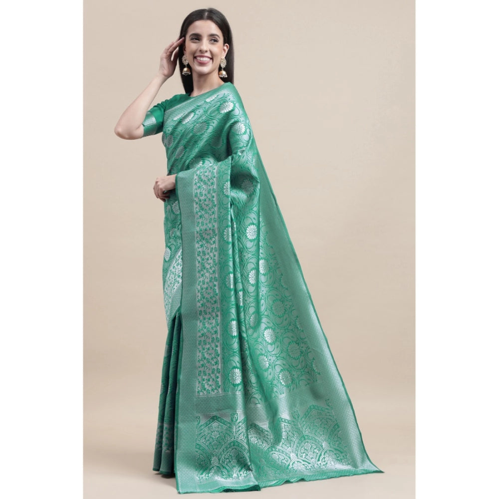 Generic Women's Kanjivaram Silk Designer Silver Weaving Saree With Unstitched Blouse (Green, 5.50 Mtrs) - Noble Nook