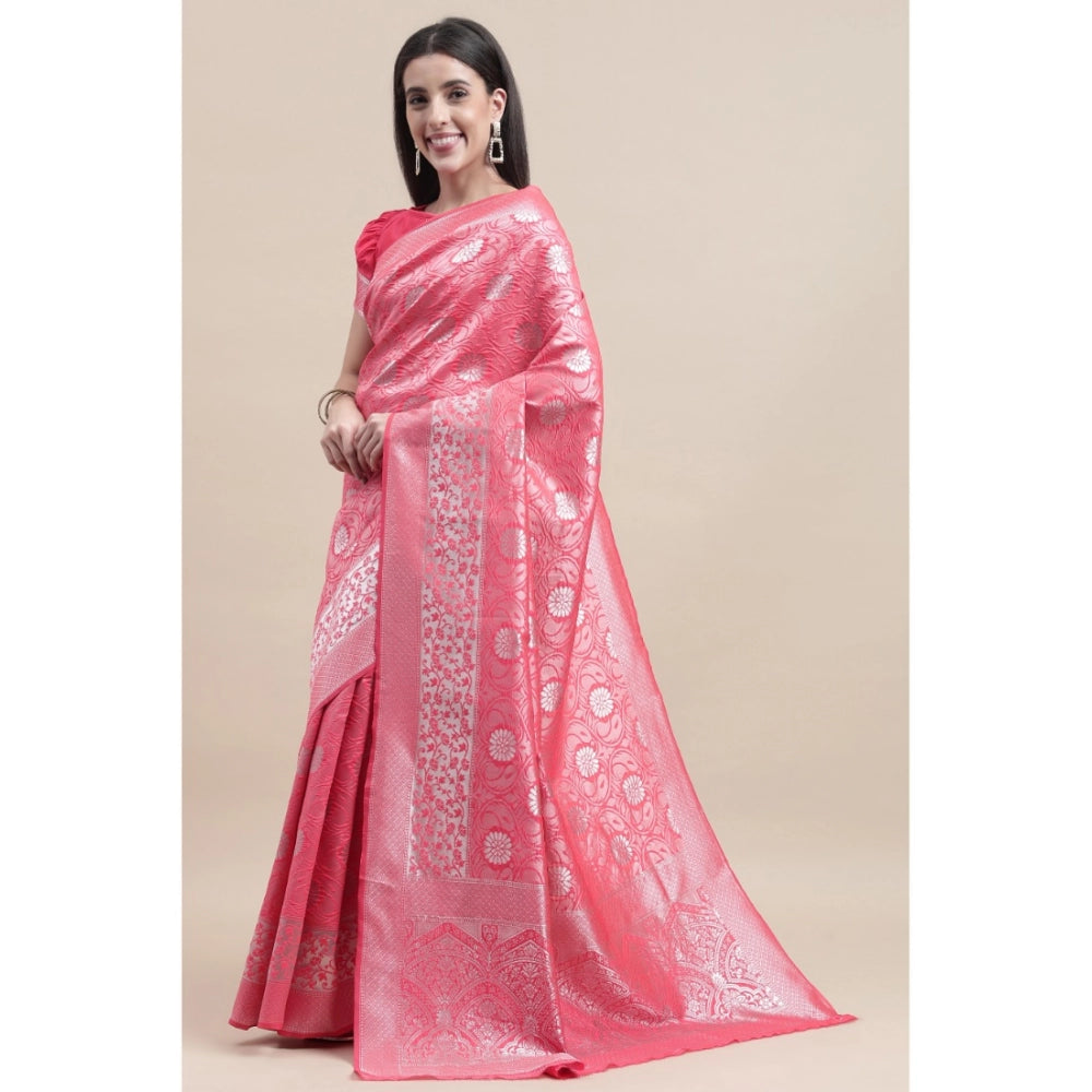 Generic Women's Kanjivaram Silk Designer Silver Weaving Saree With Unstitched Blouse (Pink, 5.50 Mtrs) - Noble Nook